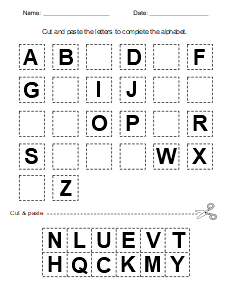 2. Cut and paste printable worksheet (Alphabet). Printable, free, cut and paste, worksheets, cutting, pasting, glue, activity, activities, preschool, color, practice, template, scissors, preschoolers, kindergarten, pdf, sheets, paper, print, download.