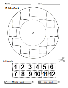 4. Free printable cut and paste activities (Clock). Printable, free, cut and paste, worksheets, cutting, pasting, glue, activity, activities, preschool, color, practice, template, scissors, preschoolers, kindergarten, pdf, sheets, paper, print, download.