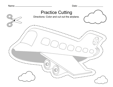 4. Cutting practice worksheet. Airplane. Printable, free, cutting, worksheet, activities, preschool, practice, template, scissors, preschoolers, pdf, sheets, paper, print, download