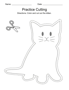 8. Practice cutting worksheet. Kitten (cat). Printable, free, cutting, worksheet, activities, preschool, practice, template, scissors, preschoolers, pdf, sheets, paper, print, download