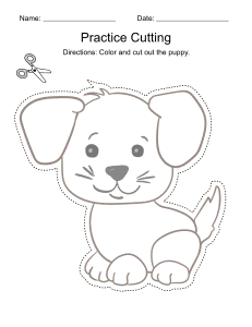7. Practice cutting worksheet. Puppy (dog). Printable, free, cutting, worksheet, activities, preschool, practice, template, scissors, preschoolers, pdf, sheets, paper, print, download