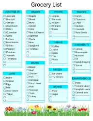 Basic grocery list. (with borders) Free printable grocery list template, pdf, shopping list, notes, organized, print, download, online.