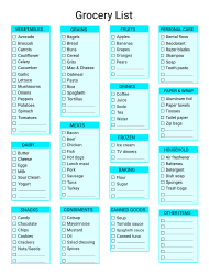 Expanded grocery list. (with borders) Free printable grocery list template, pdf, shopping list, notes, organized, print, download, online.