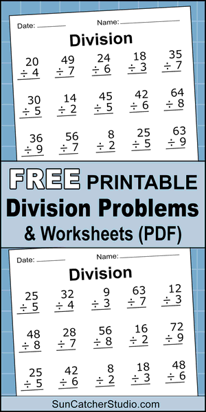 Free printable division worksheets, practice problems, dividing, math drills, DIY, divisors, quotients, 1-10, whole numbers, 1st grade, 2nd grade, 3rd grade, 4th grade, pdf, integers, print, download.