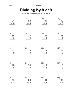 Division worksheet, practice problems, free, printable, 4. Division problems. (Dividing by 8 or 9), math drills, dividing, 1st grade, 2nd grade, 3rd grade, 4th grade, integers, print, download.