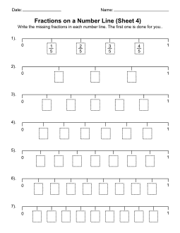 4. Worksheet with fractions on a number line. Fractions on a number line, worksheet, fractions, printable, online, free, math, mathematics, practice, writing, pdf, print, download, 2nd Grade, 3rd Grade.