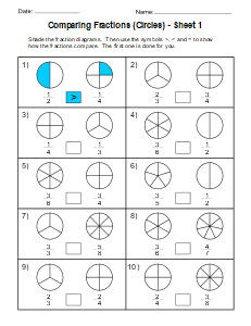 4. Comparing Fractions Worksheet (Circles) - Sheet 1. Free, printable, fractions worksheet, fractions, worksheet, comparing, identifying, practice, writing, pdf, sheets, paper, print, download, Grade 1, Grade 2.