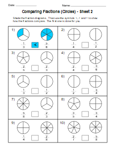 5. Comparing Fractions Worksheet (Circles) - Sheet 2. Free, printable, fractions worksheet, fractions, worksheet, comparing, identifying, practice, writing, pdf, sheets, paper, print, download, Grade 1, Grade 2.