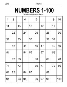 6. Hundreds chart. (Numbers missing). free, printable, hundreds chart, 100 chart, number chart 1 to 100, counting, kindergarten, 1st grade, math, addition, multiplication, download, online, pdf, sheet.