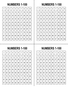 8. Numbers 1 to 100. (4 per page). free, printable, hundreds chart, 100 chart, number chart 1 to 100, counting, kindergarten, 1st grade, math, addition, multiplication, download, online, pdf, sheet.