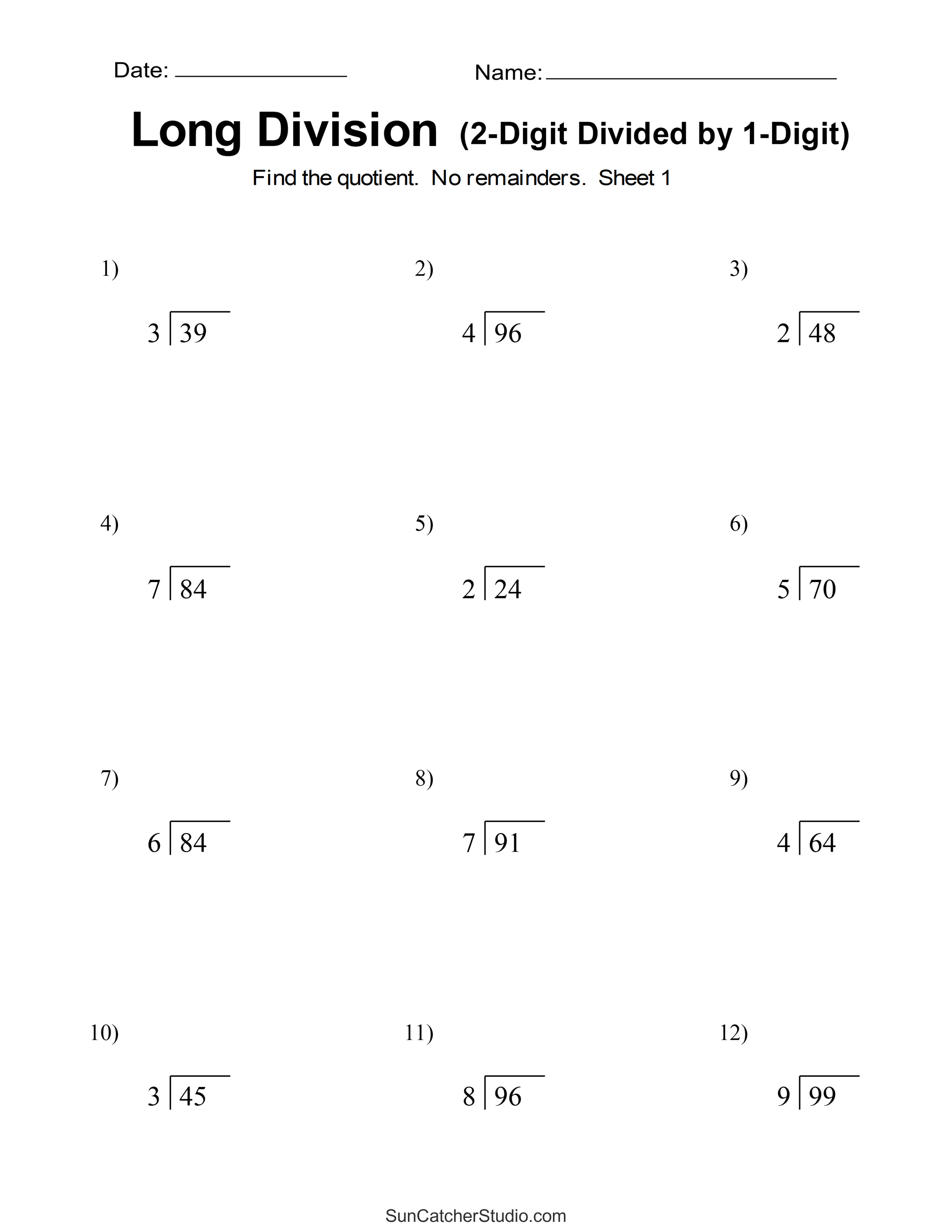 Long Division Worksheets Problems (Free Printable Math Drills) DIY