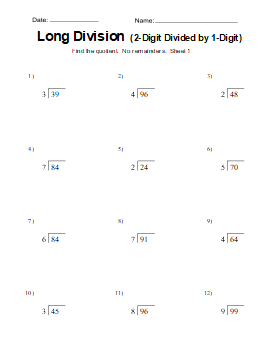Long division worksheet, practice problems, free, printable, 1. Long division worksheet. (2-digits divided by 1-digit), math drills, dividing, 2-digits, 3-digits, 4-digits, 3rd grade, 4th grade, 5th grade, no remainders, print, download.