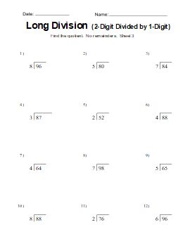 Long division worksheet, practice problems, free, printable, 3. Printable long-division worksheet. (2-digits divided by 1-digit), math drills, dividing, 2-digits, 3-digits, 4-digits, 3rd grade, 4th grade, 5th grade, no remainders, print, download.