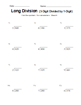 Long division worksheet, practice problems, free, printable, 4. Long division problems. (3-digits divided by 1-digit), math drills, dividing, 2-digits, 3-digits, 4-digits, 3rd grade, 4th grade, 5th grade, no remainders, print, download.