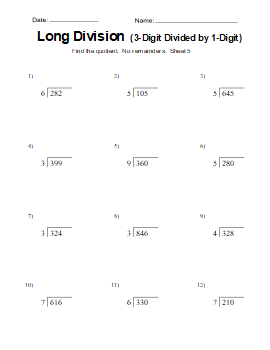 Long division worksheet, practice problems, free, printable, 5. Long division worksheet. (3-digits divided by 1-digit), math drills, dividing, 2-digits, 3-digits, 4-digits, 3rd grade, 4th grade, 5th grade, no remainders, print, download.