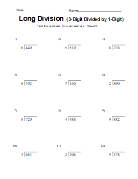 Long division worksheet, practice problems, free, printable, 6. Long division practice problems. (3-digits divided by 1-digit), math drills, dividing, 2-digits, 3-digits, 4-digits, 3rd grade, 4th grade, 5th grade, no remainders, print, download.