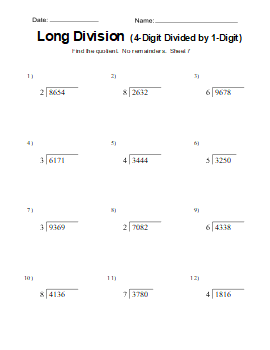 Long division worksheet, practice problems, free, printable, 7. Long division math drills. (4-digits divided by 1-digit), math drills, dividing, 2-digits, 3-digits, 4-digits, 3rd grade, 4th grade, 5th grade, no remainders, print, download.
