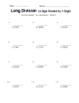 Long division worksheet, practice problems, free, printable, 8. Free printable long-division worksheet. (4-digits divided by 1-digit), math drills, dividing, 2-digits, 3-digits, 4-digits, 3rd grade, 4th grade, 5th grade, no remainders, print, download.