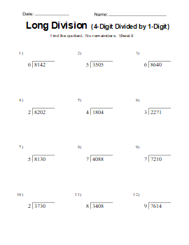Long division worksheet, practice problems, free, printable, 9. Long division worksheet. (4-digits divided by 1-digit), math drills, dividing, 2-digits, 3-digits, 4-digits, 3rd grade, 4th grade, 5th grade, no remainders, print, download.