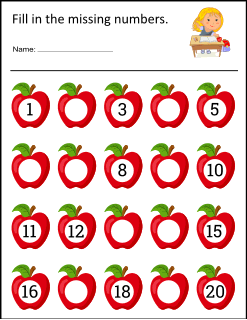 3. Missing numbers worksheet. 1 to 20 (apples). Missing numbers worksheet, fill in the missing numbers, integers, skip counting, worksheets, sheets, free, printable, math, mathematics, pdf, print, download.