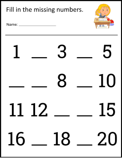 1. Missing numbers worksheet. 1 - 20. Missing numbers worksheet, fill in the missing numbers, integers, skip counting, worksheets, sheets, free, printable, math, mathematics, pdf, print, download.