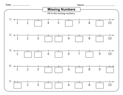 4. Printable missing numbers worksheet. 1 to 10. Missing numbers worksheet, fill in the missing numbers, integers, skip counting, worksheets, sheets, free, printable, math, mathematics, pdf, print, download.