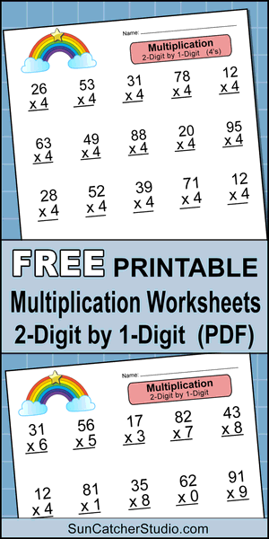 Free printable multiplication worksheets, math drills, 2-digit by 1-digit, DIY, multiply problems, pdf, colorful, 1st grade, 2nd grade, 3rd grade, 4th grade, print, download.