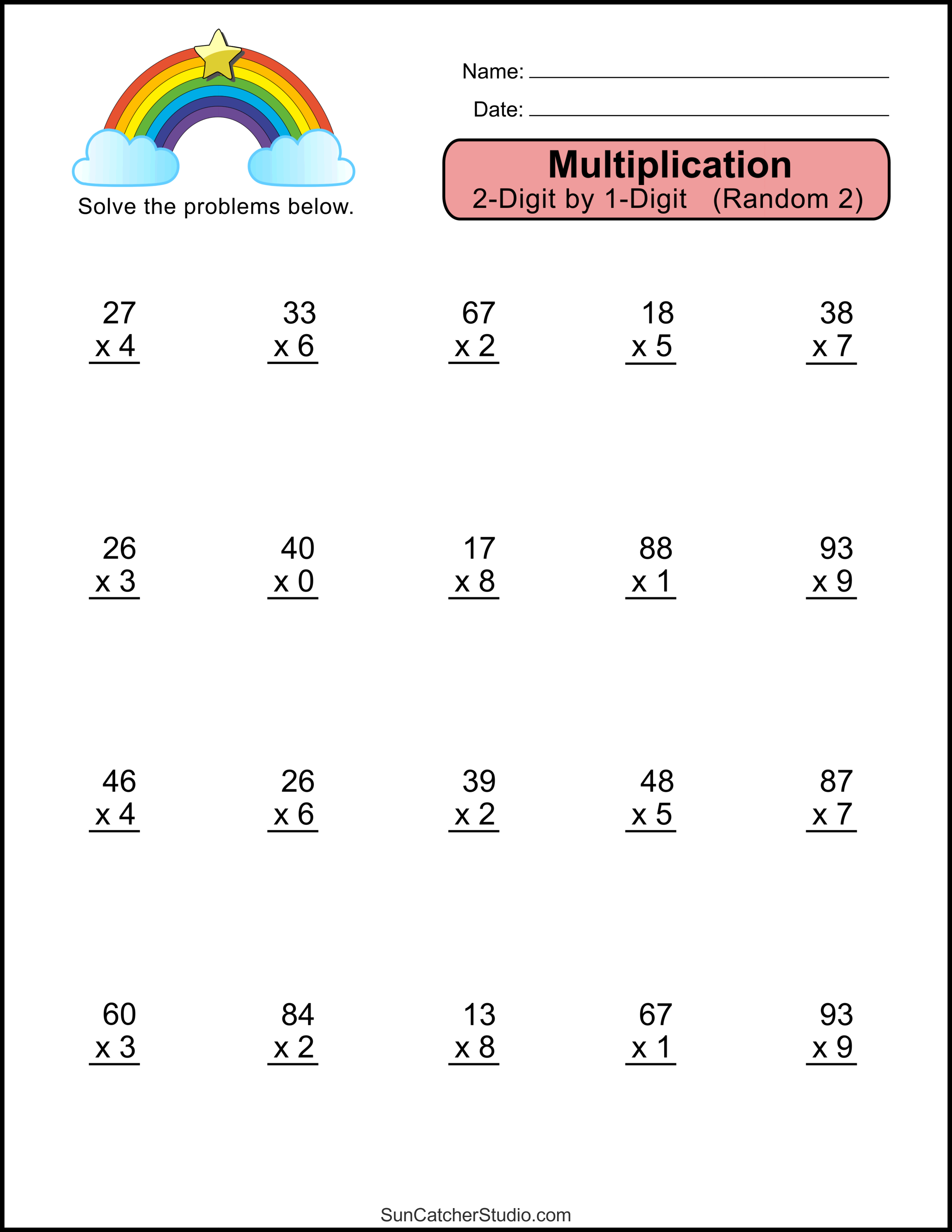 Multiplication Worksheets 2 Digit By 1 Digit Math Drills Free