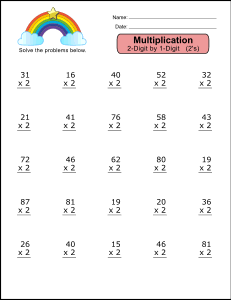 1. Multiplication worksheet (2's). Free printable multiplication worksheets, math drills, multiplication problems, multiply, pdf, 2-digit by 1-digit, 1st grade, 2nd grade, 3rd grade, 4th grade, print, download.