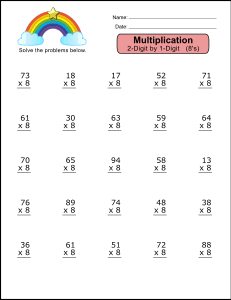 7. Multiplication worksheet (8's). Free printable multiplication worksheets, math drills, multiplication problems, multiply, pdf, 2-digit by 1-digit, 1st grade, 2nd grade, 3rd grade, 4th grade, print, download.