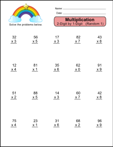 Multiplication worksheet (Random 1). Free printable multiplication worksheets, math drills, multiplication problems, multiply, pdf, 2-digit by 1-digit, 1st grade, 2nd grade, 3rd grade, 4th grade, print, download.