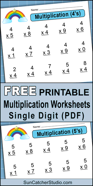 Free printable multiplication worksheets, single digit, math drills, DIY, multiply problems, pdf, colorful, 1st grade, 2nd grade, 3rd grade, 4th grade, print, download.