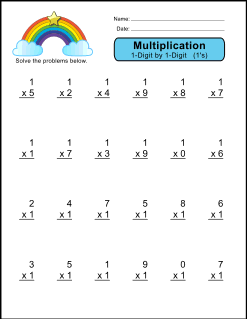 Multiplication worksheet (1's). 1-digit by 1-digit Free printable multiplication worksheets, math drills, multiplication problems, multiply, pdf, 1st grade, 2nd grade, 3rd grade, 4th grade, print, download.