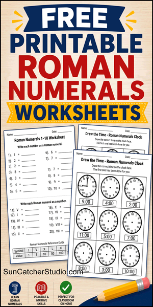 Free printable Roman numerals worksheets, Roman numeral conversions, DIY, symbols, values, and number reference tables for students, teachers, and homeschool learning, print, download, pdf.