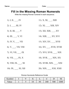 Fill in the Missing Roman Numerals Worksheet. Free printable Roman numerals worksheet, Roman numeral conversions, symbols, values, students, teachers, homeschool, learning, print, download, pdf.