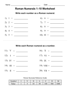 Roman Numerals 1-10 Worksheet. Free printable Roman numerals worksheet, Roman numeral conversions, symbols, values, students, teachers, homeschool, learning, print, download, pdf.
