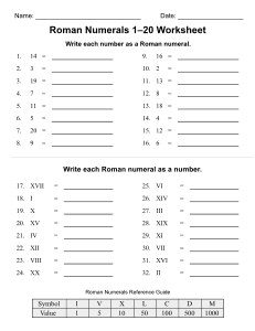 Roman Numerals 1-20 Worksheet. Free printable Roman numerals worksheet, Roman numeral conversions, symbols, values, students, teachers, homeschool, learning, print, download, pdf.