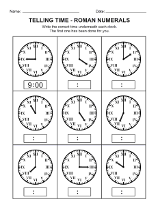 Telling Time with Roman Numerals Clock. Free printable Roman numerals worksheet, Roman numeral conversions, symbols, values, students, teachers, homeschool, learning, print, download, pdf.