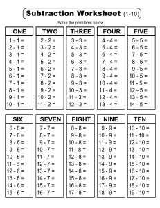 Subtraction Worksheet (1-10). Portrait orientation. Fill in the missing numbers. Black and white. Free printable subtraction chart, math table worksheets, sheet, pdf, blank, empty, kindergarten, 1st grade, 2nd grade, 3rd grade, template, print, download, online.