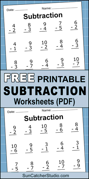 Free printable subtraction worksheets, subtracting, problems, math drills, DIY, kindergarten, 1st grade, 2nd grade, regrouping, pdf, integers, single digit, simple, basic, easy, print, download.