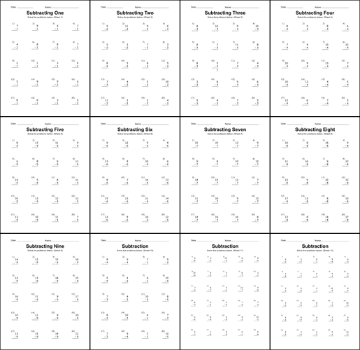 All subtraction worksheets and problems, free, printable, math drills, kindergarten, 1st grade, 2nd grade, subtracting, problems, regrouping, pdf, integers, single digit, simple, basic, easy, print, download.