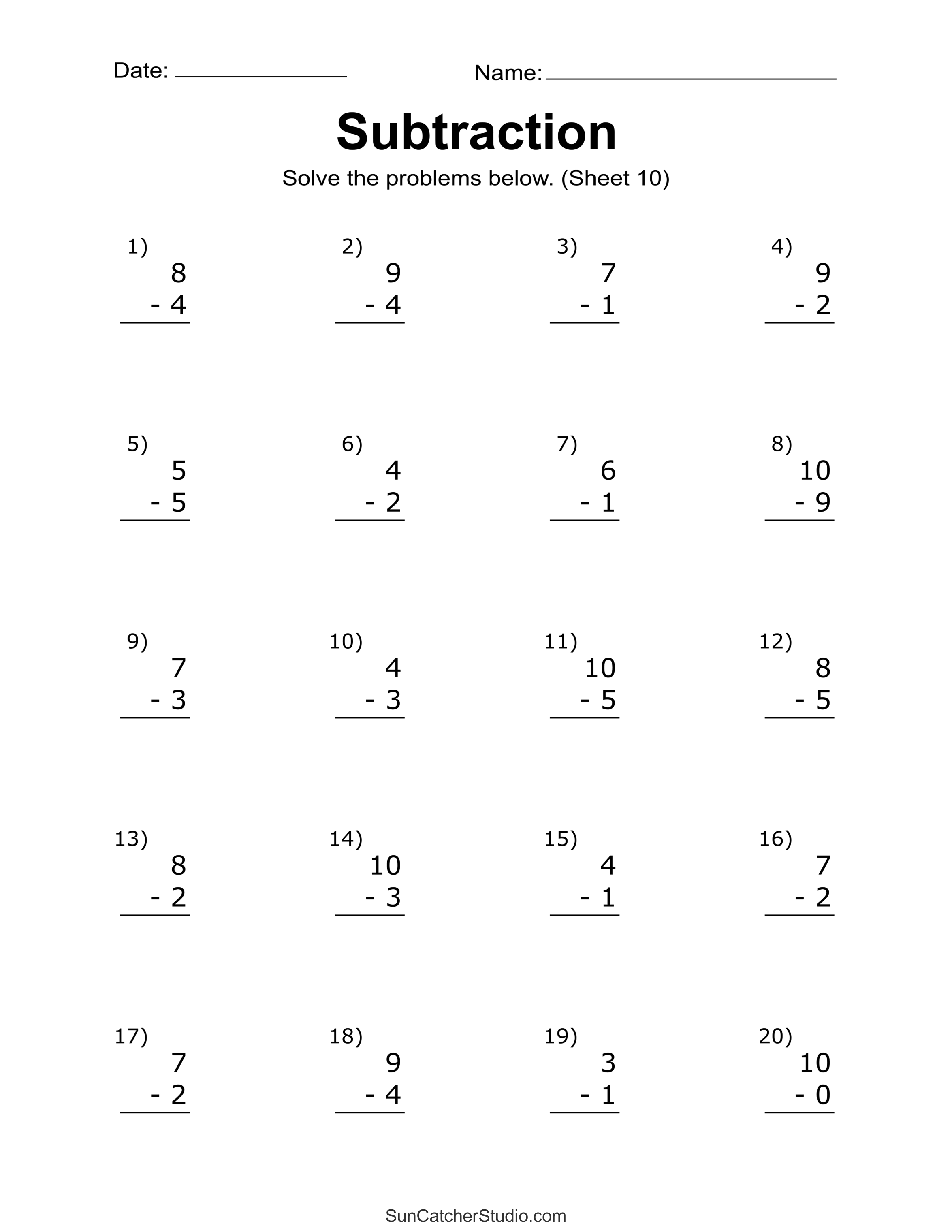 Subtraction under 20 (horizontal) worksheets