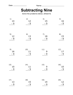 Subtraction worksheet, free, printable, 9. Simple subtraction worksheet. (Subtracting Nine), math drills, problems, kindergarten, 1st grade, 2nd grade, regrouping, integers, simple, basic, easy, print, download.