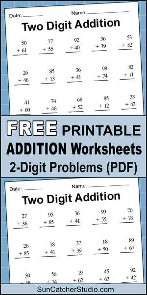 Free printable addition worksheets, 2-digits, addition problems, two digits, free, printable, DIY, math drills, kindergarten, 1st grade, 2nd grade, pdf, print, download.