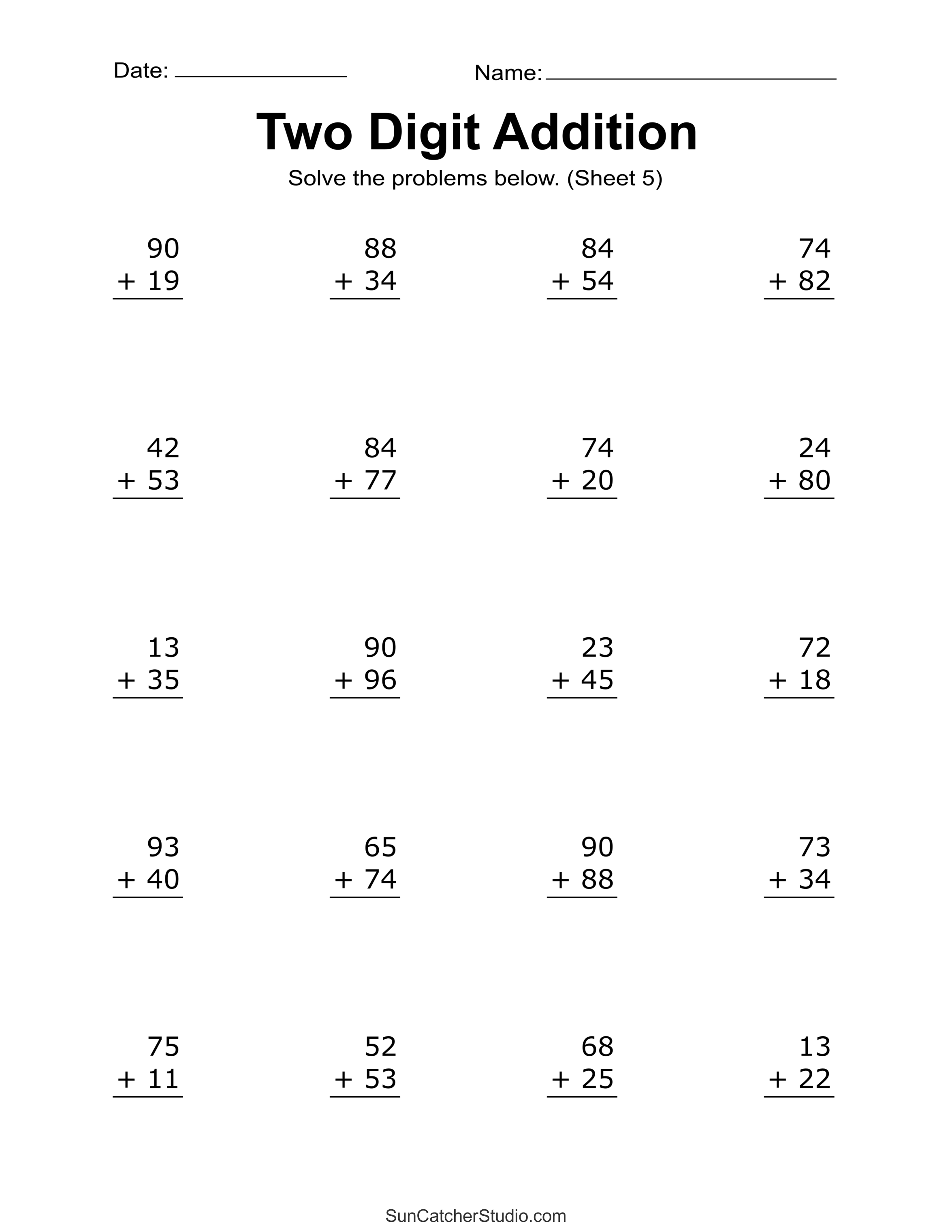 Two Digit Addition Worksheets Printable 2 Digit Problems DIY