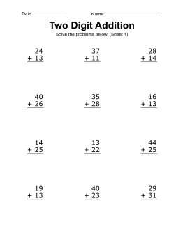Addition worksheet, 2-digit, addition problems, 1. Addition worksheet. (12 problems) two-digits, free, printable, math drills, kindergarten, 1st grade, 2nd grade, print, download.