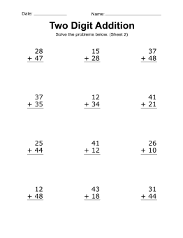 Addition worksheet, 2-digit, addition problems, 2. Two digits addition worksheet. (12 problems) two-digits, free, printable, math drills, kindergarten, 1st grade, 2nd grade, print, download.