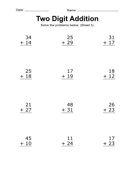 Addition worksheet, 2-digit, addition problems, 3. Addition problems. (12 problems) two-digits, free, printable, math drills, kindergarten, 1st grade, 2nd grade, print, download.