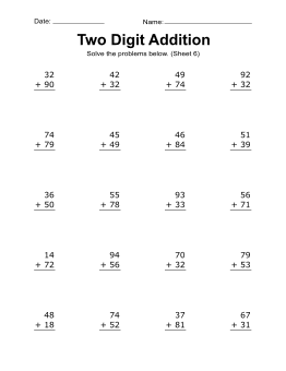 Addition worksheet, 2-digit, addition problems, 6. Addition worksheet. (20 problems) two-digits, free, printable, math drills, kindergarten, 1st grade, 2nd grade, print, download.