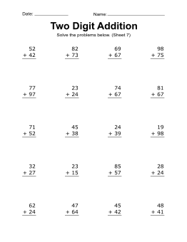 Addition worksheet, 2-digit, addition problems, 7. Two digit addition worksheet. (20 problems) two-digits, free, printable, math drills, kindergarten, 1st grade, 2nd grade, print, download.